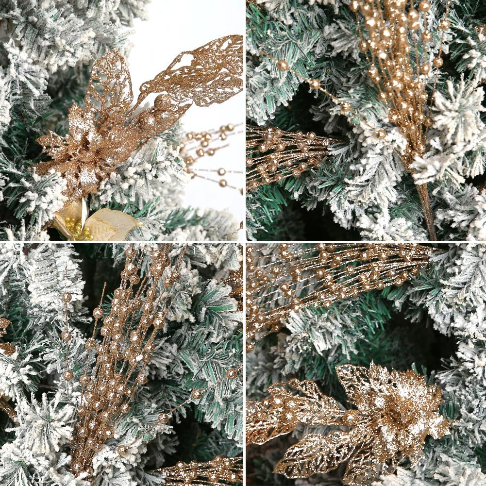 ROSELEAF 28 Pack Christmas Tree Ornaments Set, Champagne Artificial Glitter Berry Flowers Stem Branches Picks for Xmas Tree Decoration Gift Small Vase Home Holiday Wedding Party Decor